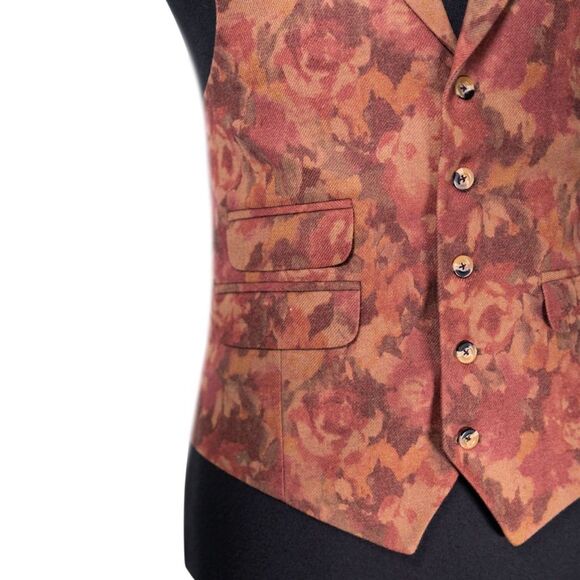 Mens Floral Vest 42R Rust Red Orange Lambswool Waistcoat Formal Wedding Party - Picture 7 of 10